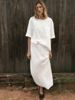 ZARA Linen Set: White Drawstring Midi Skirt & Boxy Blouse XL NWT